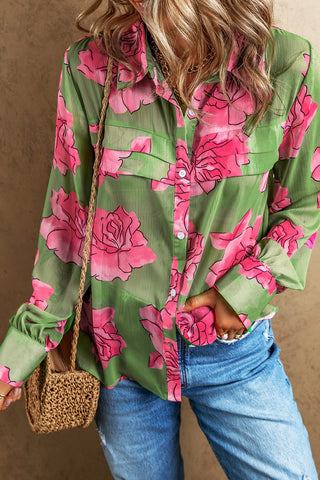 CLEARANCE  Floral Print Pleated Detail Puff Sleeve Shirt