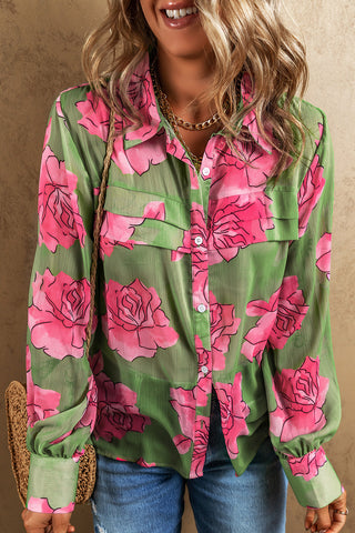 CLEARANCE  Floral Print Pleated Detail Puff Sleeve Shirt