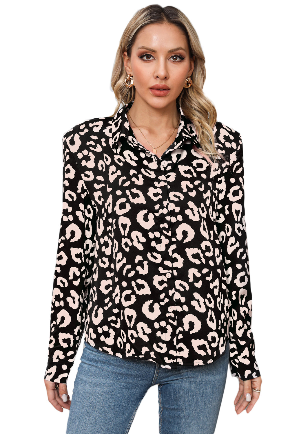 Black Leopard Print Button Up Long Sleeve Shirt