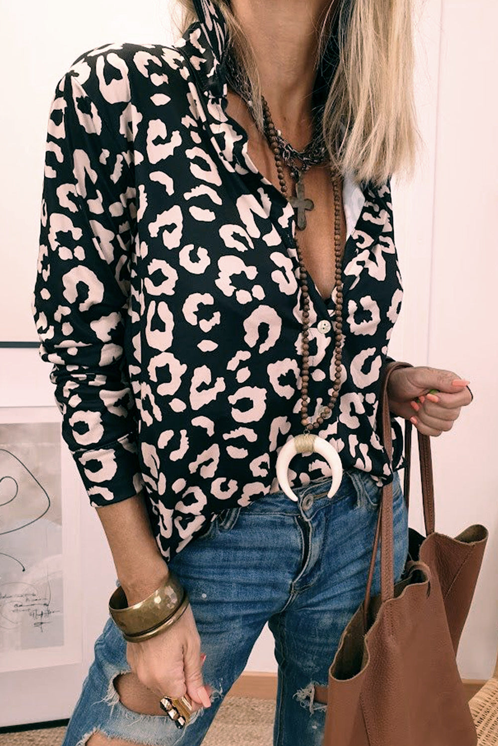 Black Leopard Print Button Up Long Sleeve Shirt