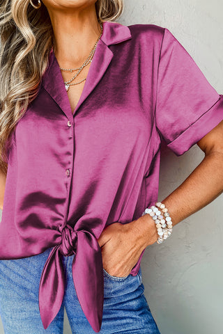 CLEARANCE Red Short Sleeve Collared Satin Shirt blouse