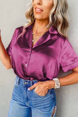 CLEARANCE Red Short Sleeve Collared Satin Shirt blouse