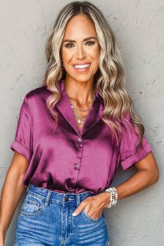 CLEARANCE Red Short Sleeve Collared Satin Shirt blouse