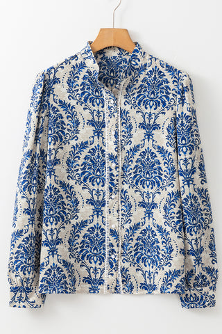 Sky Blue Bohemian Print Puff Sleeve Button-up Shirt