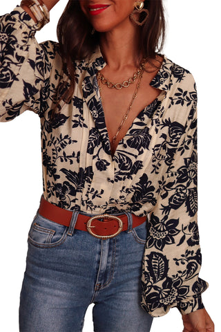 Black Boho Floral Pleated V Neck Lantern Sleeve Shirt