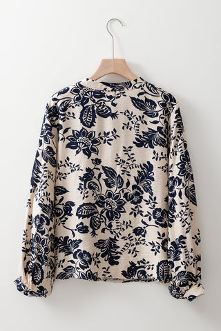 Black Boho Floral Pleated V Neck Lantern Sleeve Shirt