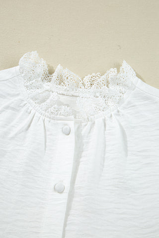 White Lace Patchwork Buttoned Collar Loose Shirt