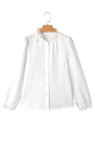 White Lace Patchwork Buttoned Collar Loose Shirt