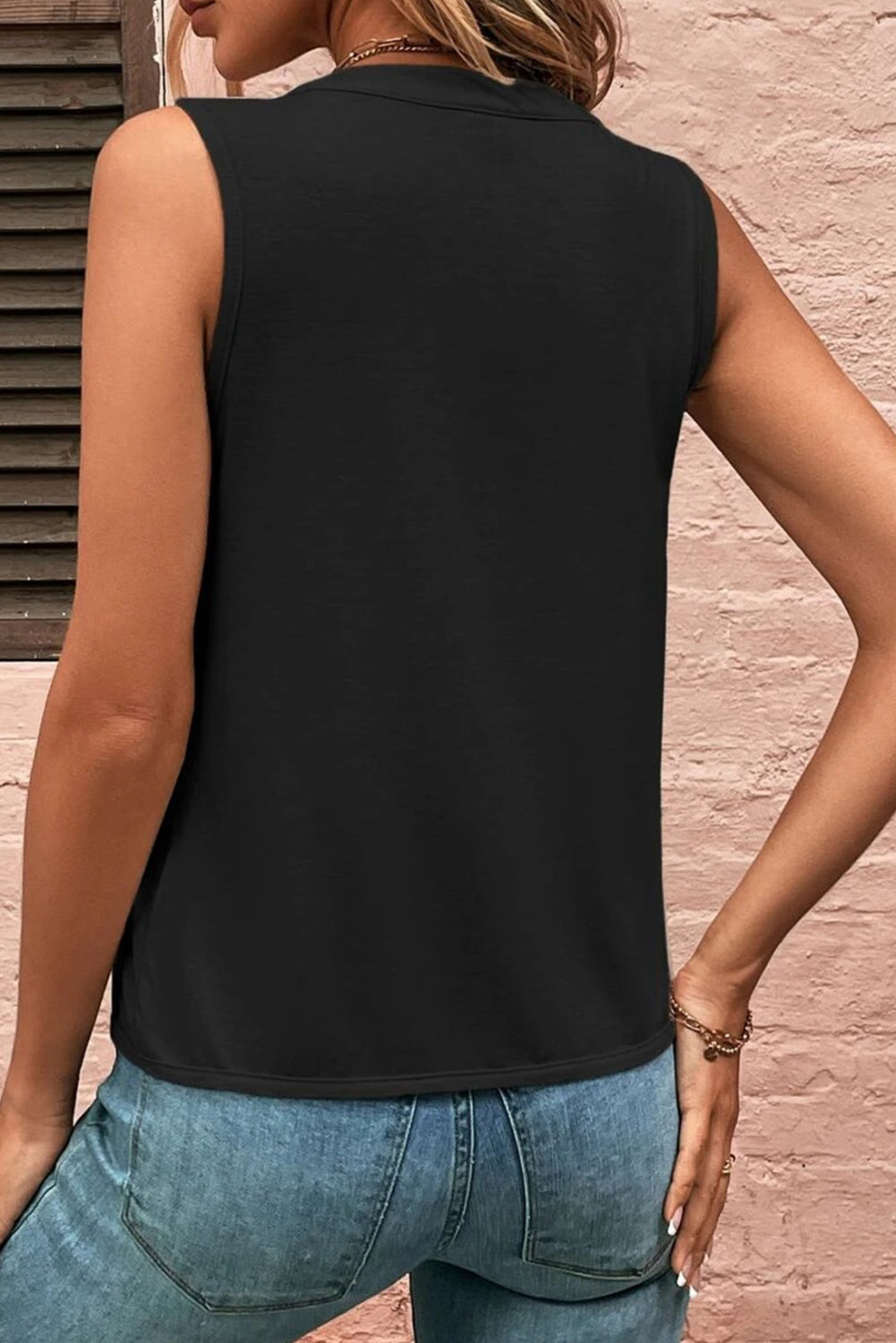 Solid V Neck Pleated Sleeveless Shirt