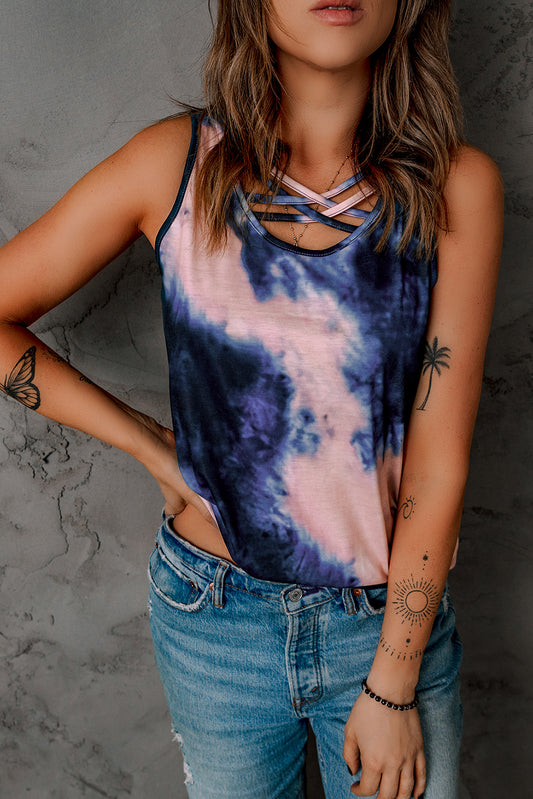 Tie-Dye Print Casual Cross Neck Tank Top