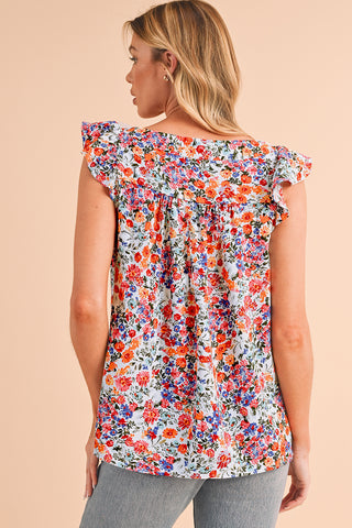 Rose Red Boho Floral Square Neck Flutter Sleeveless Top