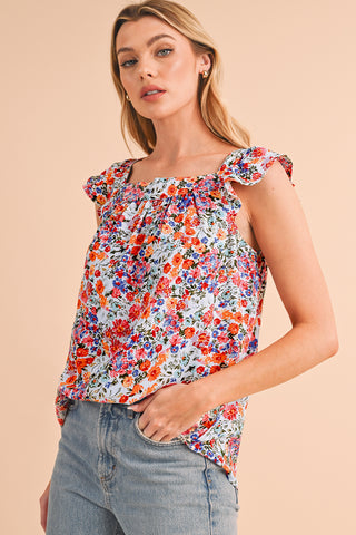Rose Red Boho Floral Square Neck Flutter Sleeveless Top