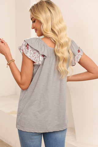 Floral Print Patchwork Square Neck Ruffle Sleeve Blouse