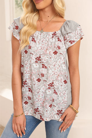 Floral Print Patchwork Square Neck Ruffle Sleeve Blouse