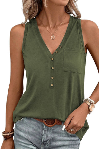 Half Button V Neck Patched Pocket Tank Top