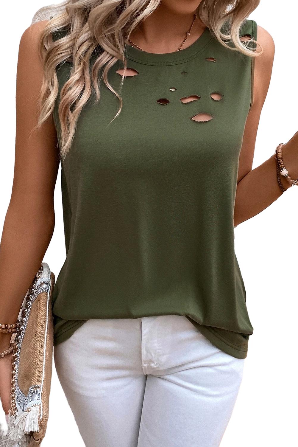 Jungle Green Solid Color Distressed Ripped Tank Top