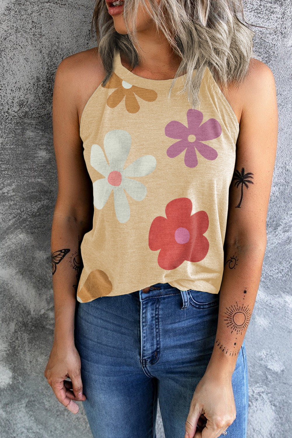 Khaki Flower Print O Neck Summer Tank Top