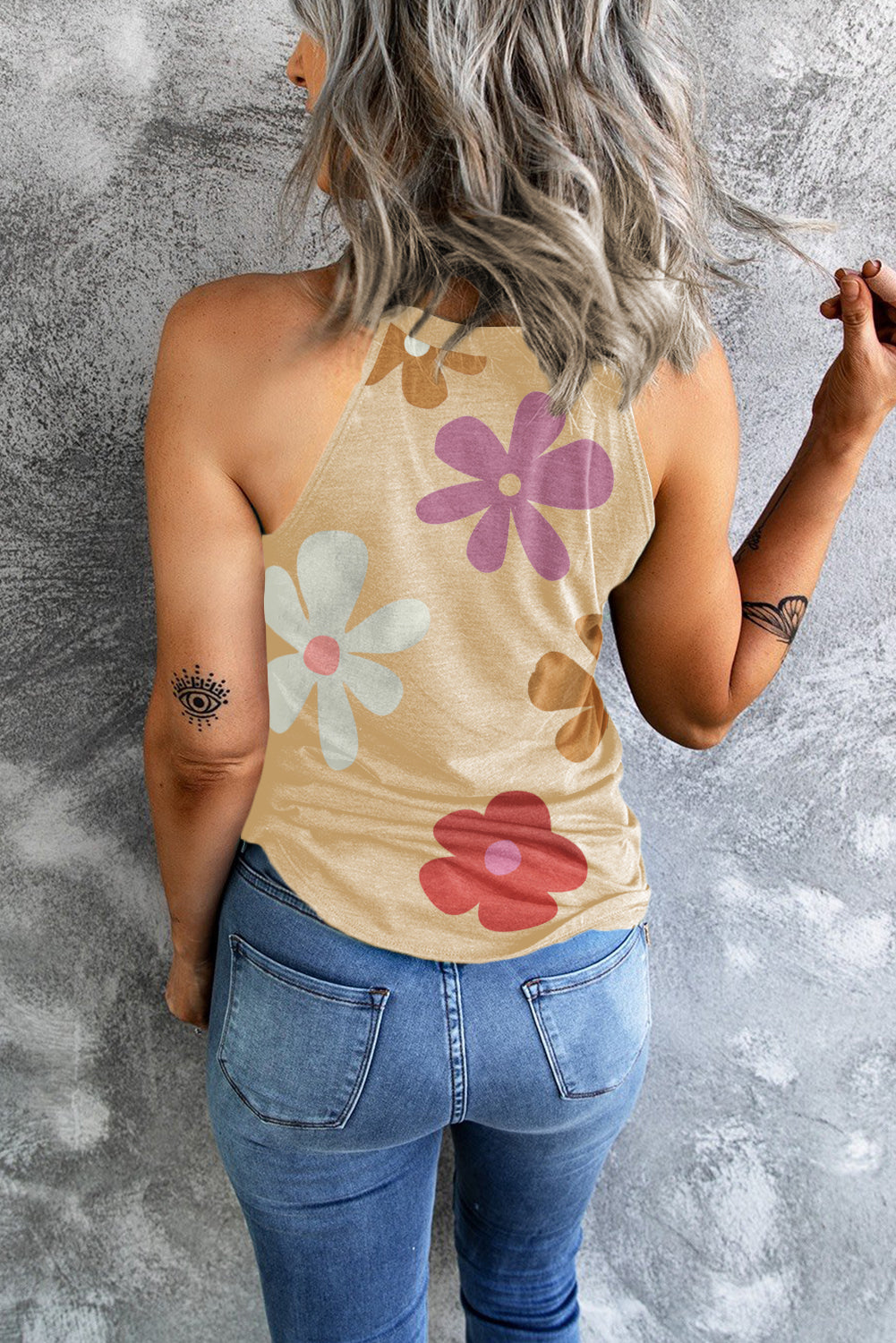 Khaki Flower Print O Neck Summer Tank Top