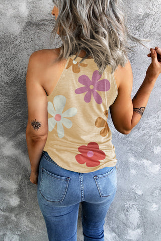 Khaki Flower Print O Neck Summer Tank Top
