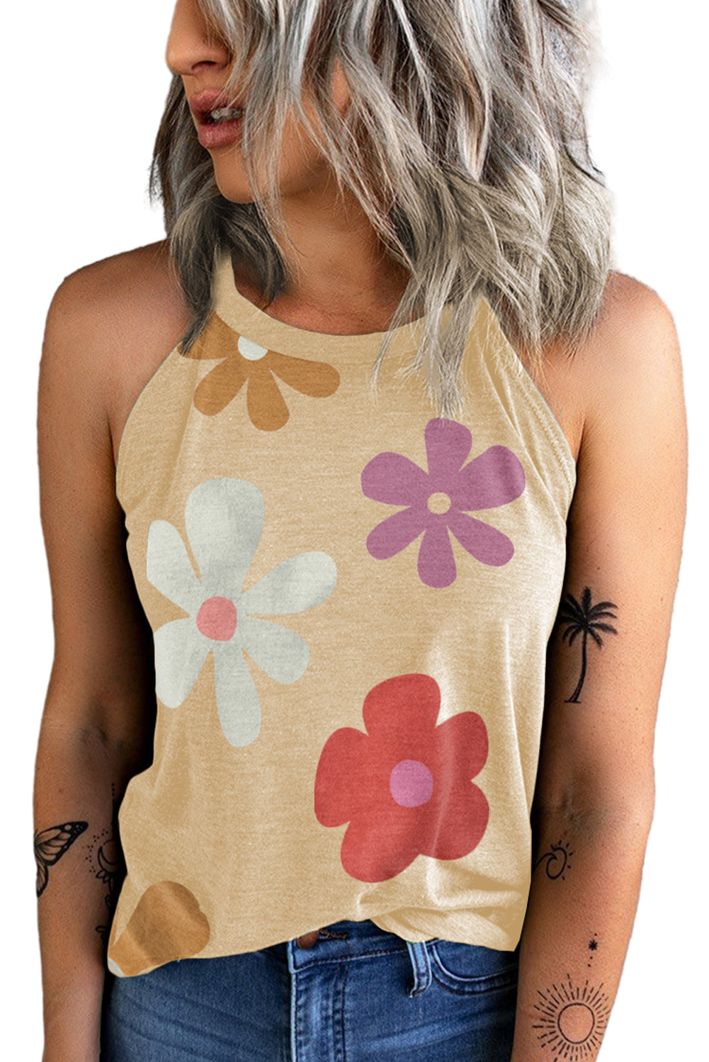 Khaki Flower Print O Neck Summer Tank Top