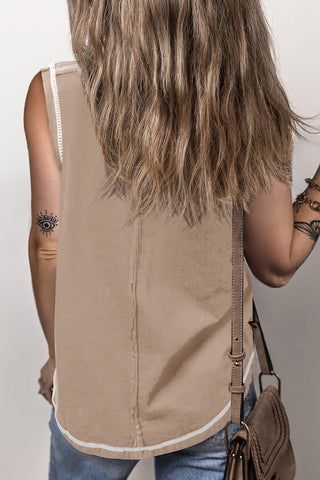 Light French Beige Contrast Stitching Exposed Seam Henley Tank Top