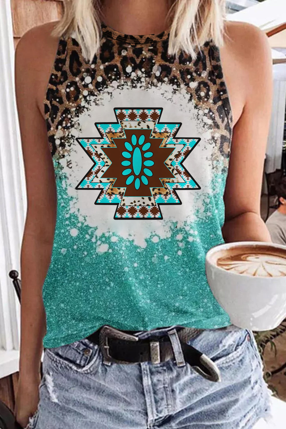 Light Blue Bleached Tie-dye Leopard Aztec Pattern Tank Top