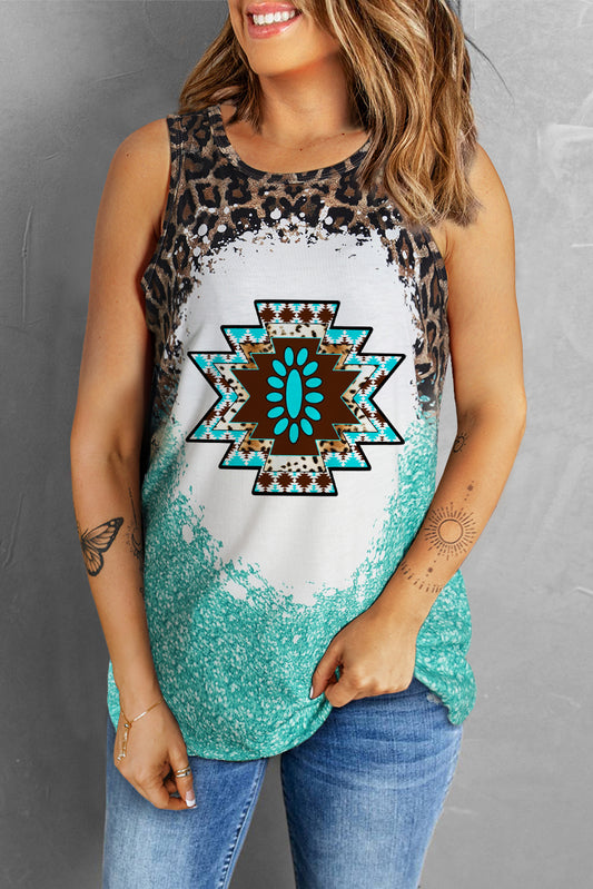 Light Blue Bleached Tie-dye Leopard Aztec Pattern Tank Top