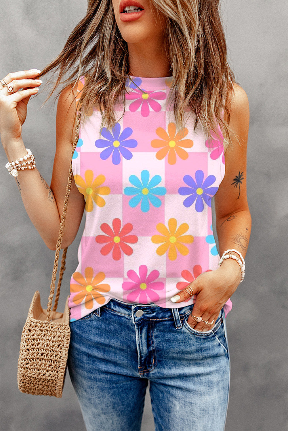 Pink Floral Print Round Neck Sleeveless Top