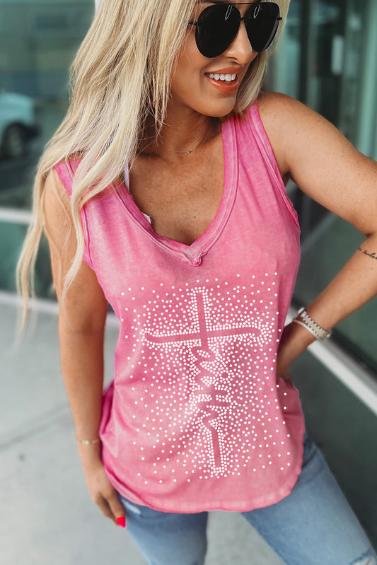 Pink Faith Rhinestone Seamed V Neck Tank Top