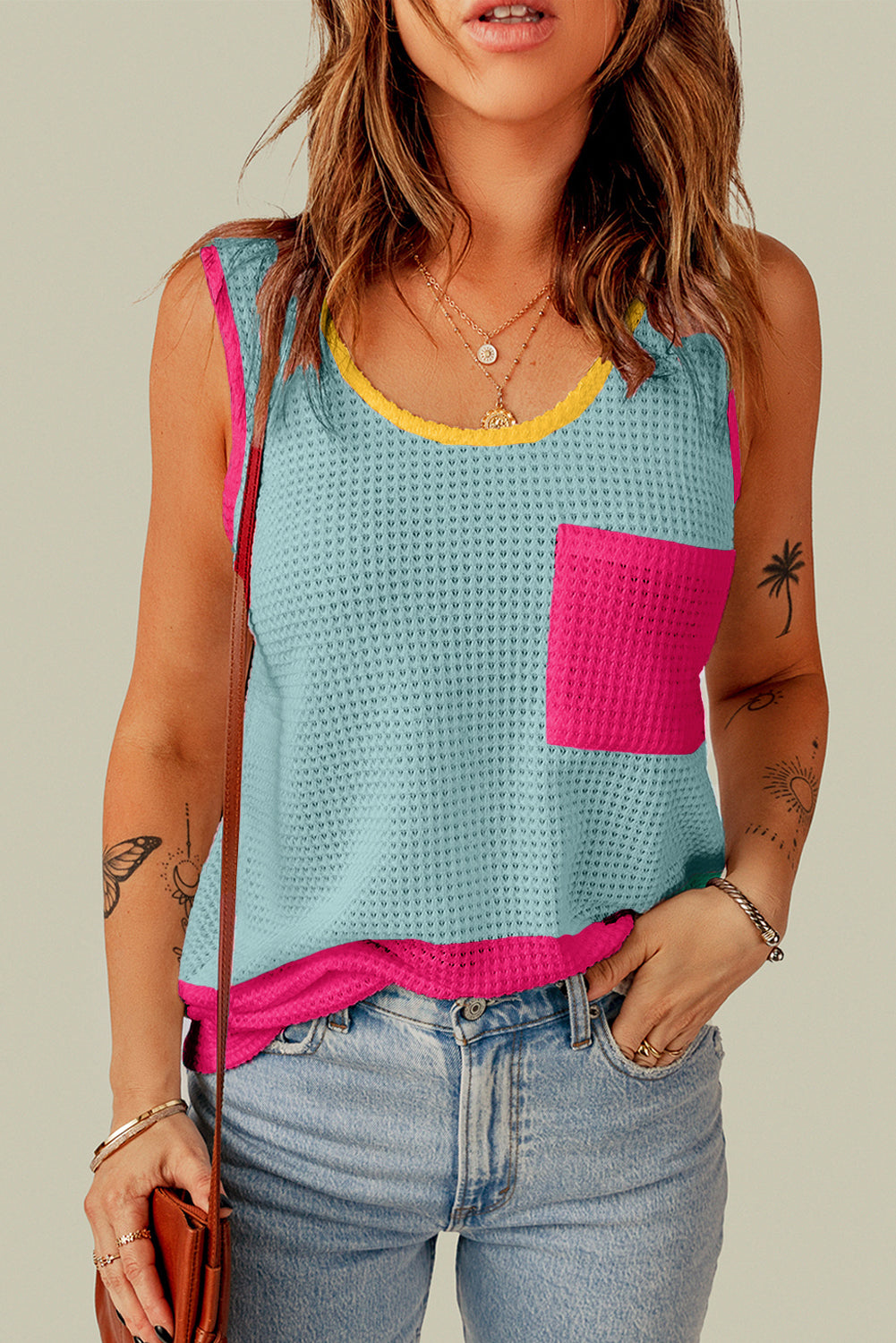 Light Blue Color Block Patched Pocket Breathable Knit Tank Top