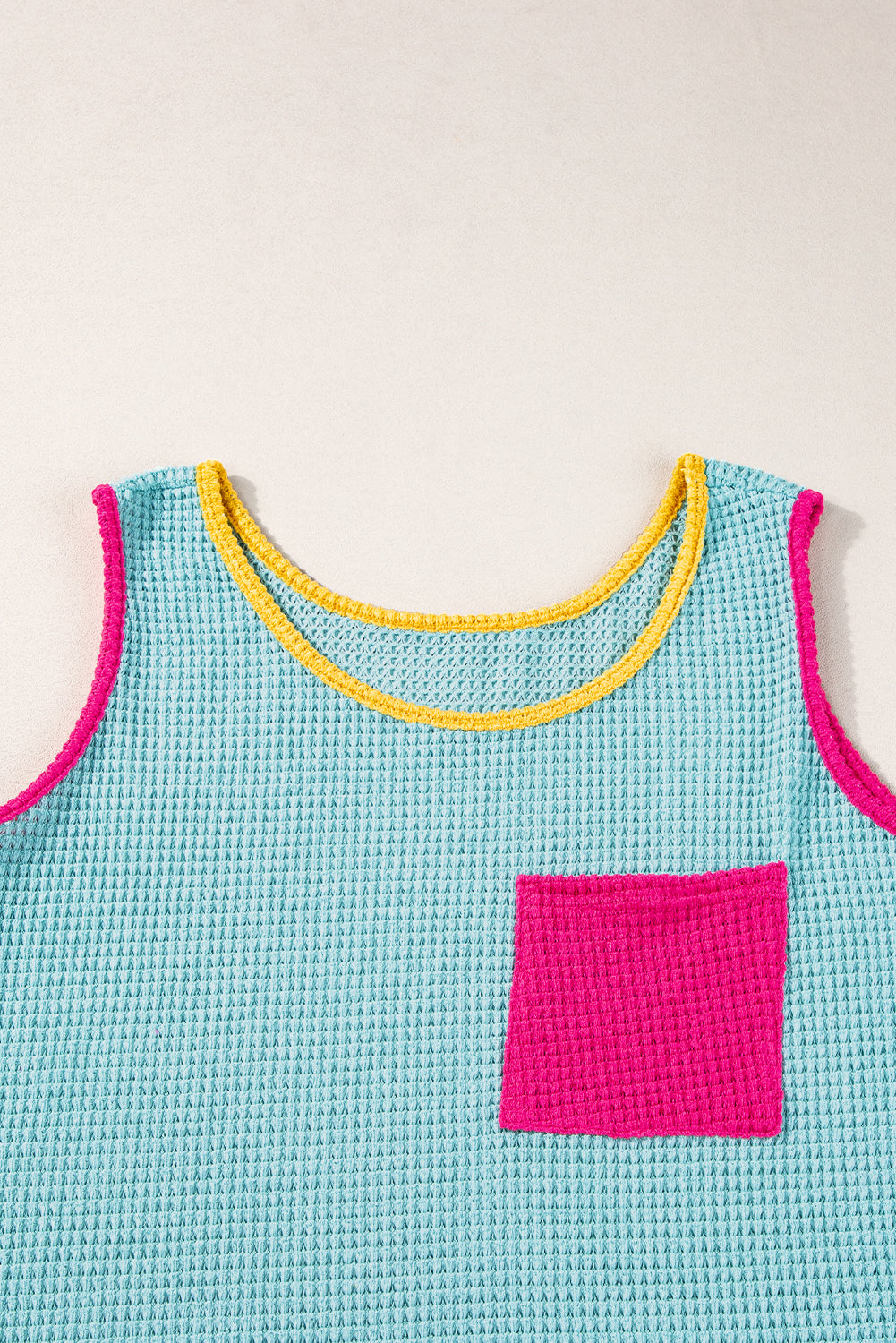 Light Blue Color Block Patched Pocket Breathable Knit Tank Top