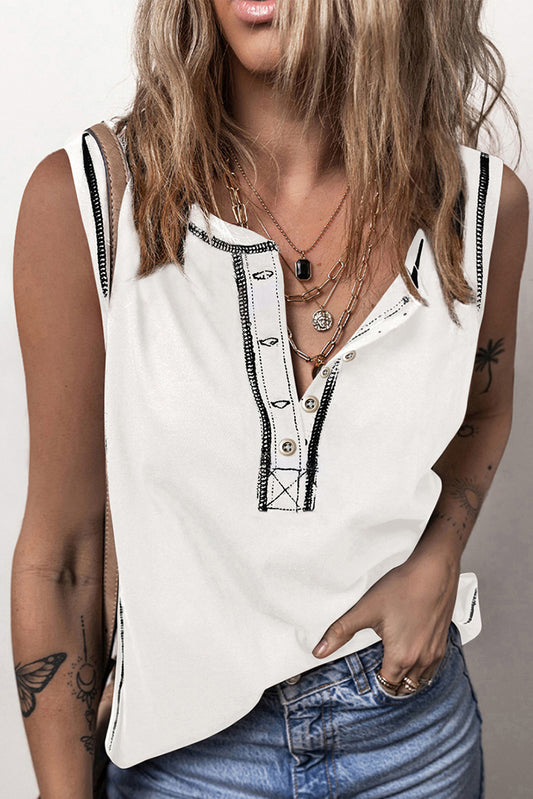 Stitching Seam Henley Tank Top