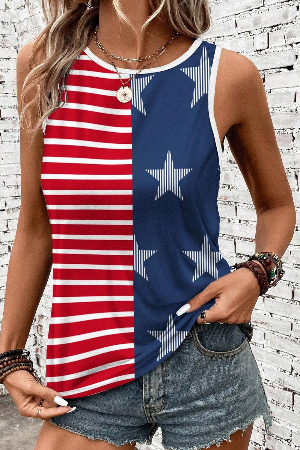 Red USA Flag Print Colorblock Round Neck Tank Top