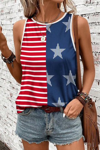 CLEARANCE Red USA Flag Print Colorblock Round Neck Tank Top