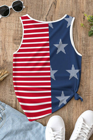 CLEARANCE Red USA Flag Print Colorblock Round Neck Tank Top