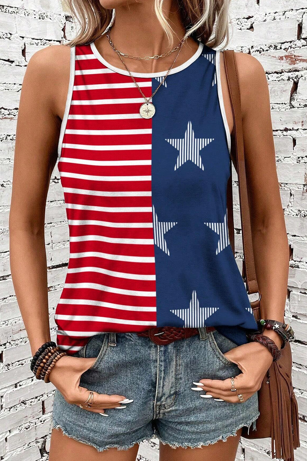 Red USA Flag Print Colorblock Round Neck Tank Top