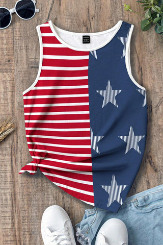 CLEARANCE Red USA Flag Print Colorblock Round Neck Tank Top