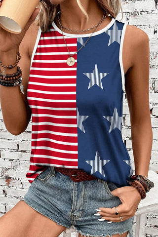 CLEARANCE Red USA Flag Print Colorblock Round Neck Tank Top