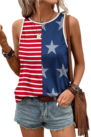 CLEARANCE Red USA Flag Print Colorblock Round Neck Tank Top