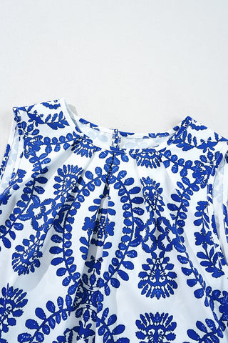 Blue Boho Geometric Print Pleated Sleeveless Top