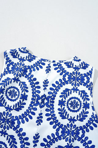 Blue Boho Geometric Print Pleated Sleeveless Top