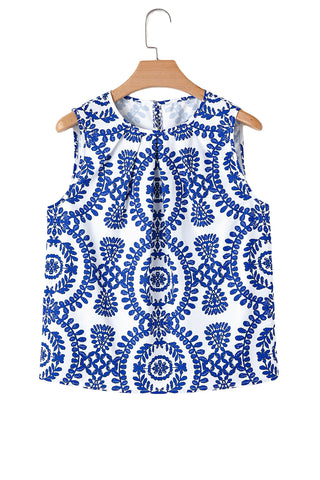 Blue Boho Geometric Print Pleated Sleeveless Top