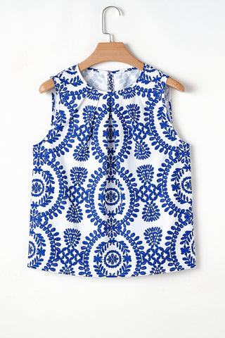 Blue Boho Geometric Print Pleated Sleeveless Top