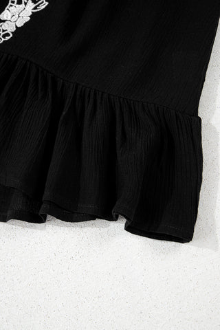 Black Floral Embroidery Ruffled Spaghetti Straps Tank Top