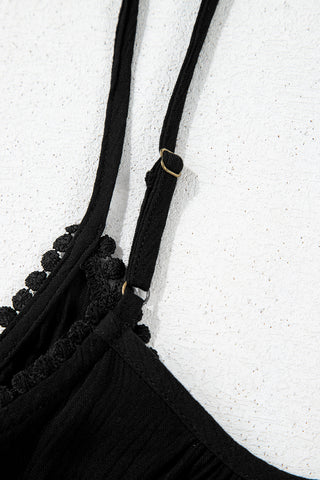 Black Floral Embroidery Ruffled Spaghetti Straps Tank Top