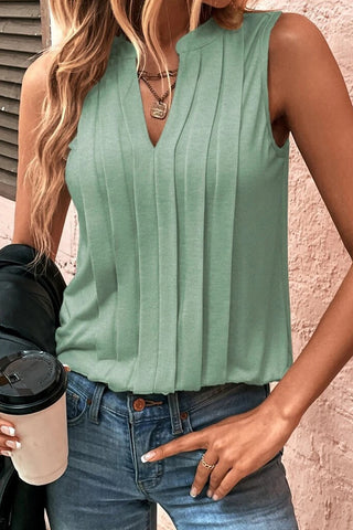 Smoke Green Pleated V Neck Tank
