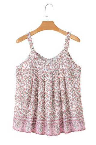 Pink Bohemian Floral Pleated U Neck Tank