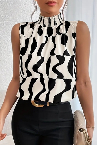 Black Abstract Print Smocked Neck Sleeveless Top