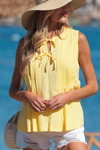 Yellow Cream Bow Tie Notched Neck Pleated Tank Top