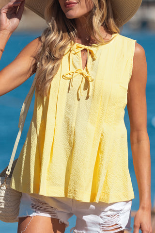 Yellow Cream Bow Tie Notched Neck Pleated Tank Top